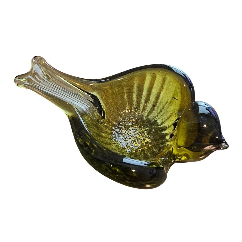 Vintage 1960s Olive Green Art Glass Bird Swan Trinket Dish MCM Mod Birds Boho
